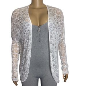 Y2K Closet Space Cardigan Crochet Loose Knit white open front mid Length size M